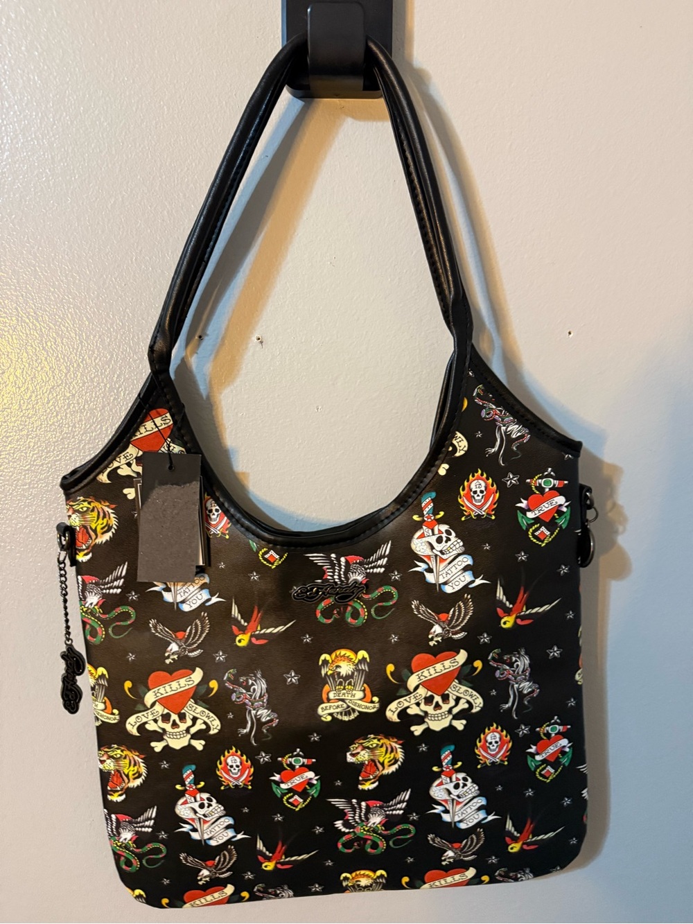 Ed Hardy Black Tattoo-Print Hobo Bag with Red, Yellow and Green Accents